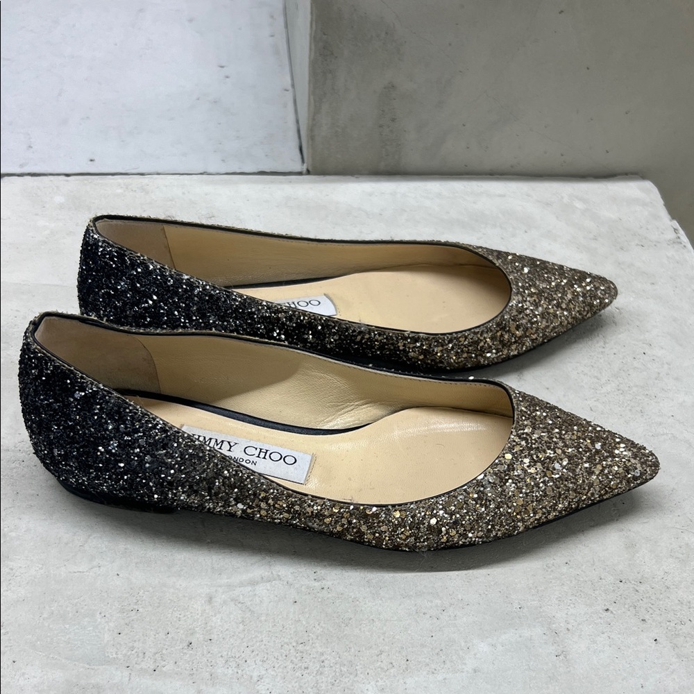Jimmy Choo Black and Gold Glitter Flats